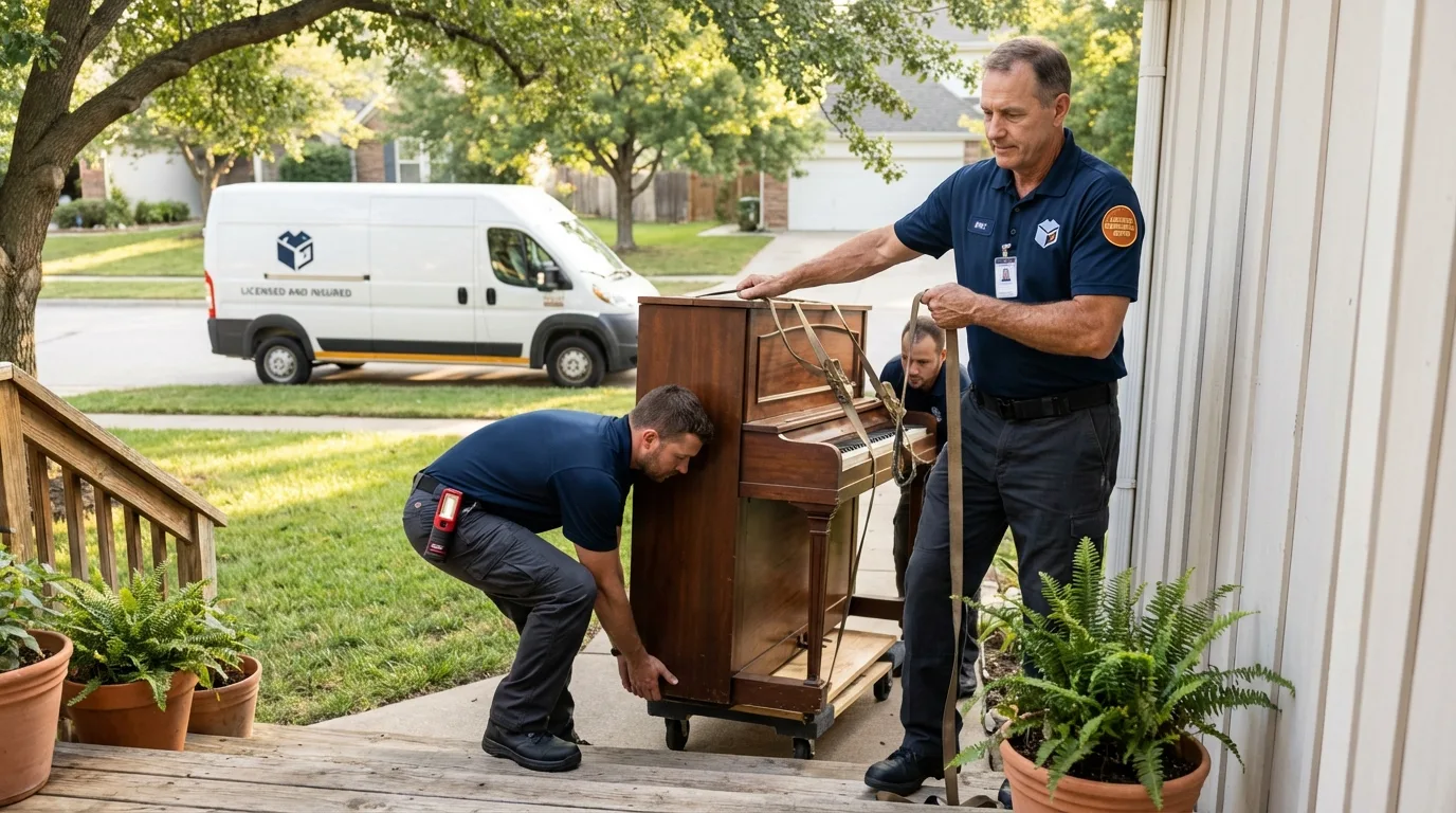 Licensed piano movers securing grand piano in Rosemount, MN